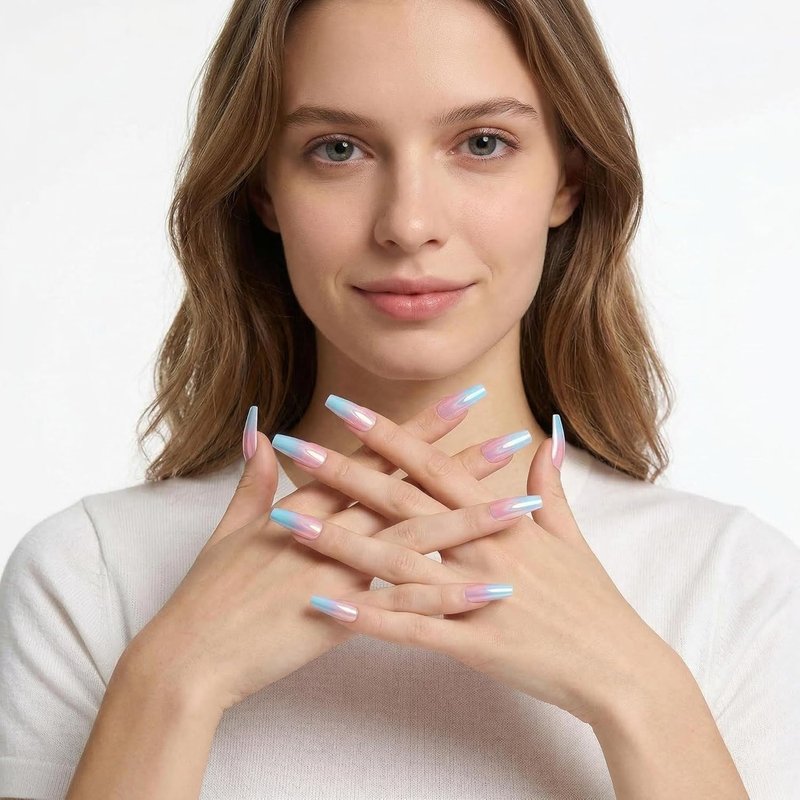 Pink Blue Gradient Press-On Nails - Glossy Long Coffin Acrylic | 24 Pcs Reusable Full Cover for Summer Beach Wear