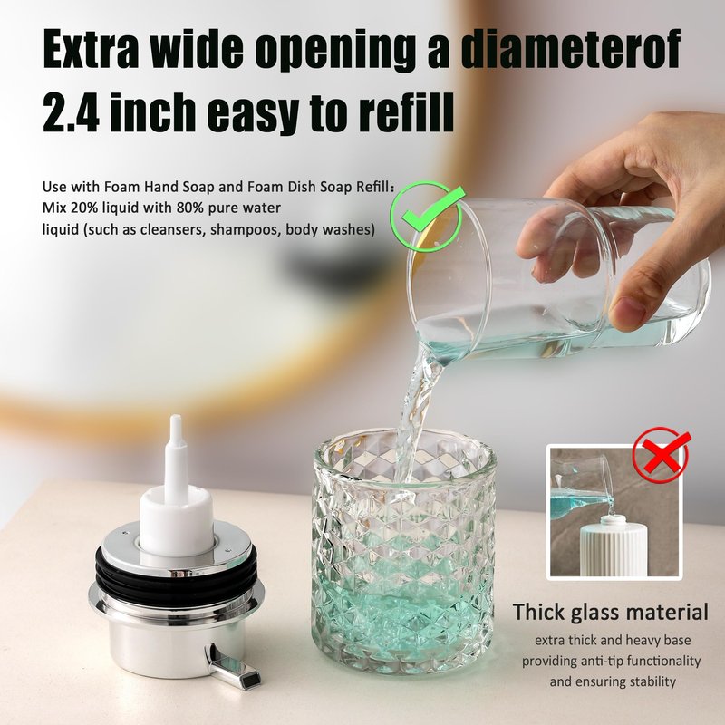 Malachi Foaming Hand Soap Dispenser, Refillable Clear Glass Pump Bottles for Liquid or Lotion, Modern Foam Dispenser for Bathroom, Kitchen, Commercial