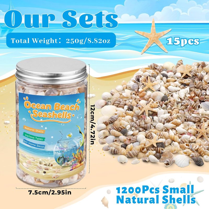 1200 Pcs Tiny Sea Shells, Seashells for Crafts with Small Shells Starfish Mixed Ocean Beach Spiral Seashells for Beach Party, Fish Tank and Vase Filler, Wedding Decor, Diy Jewelry Candle Making
