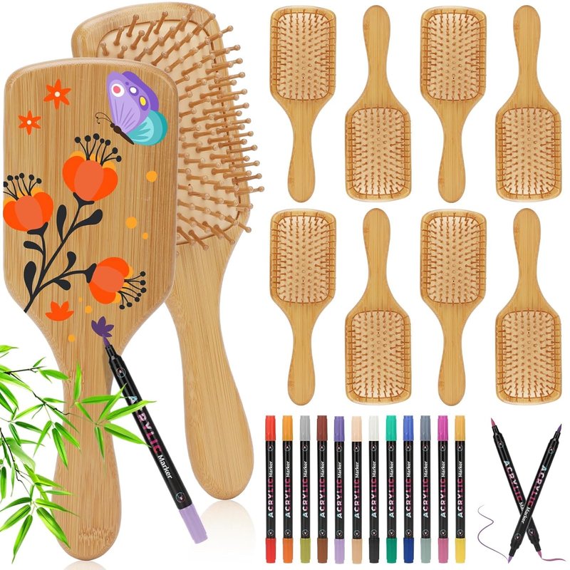 SAYAYA 8 PCS Bamboo Hair Brush Bulk for Massaging Scalp Natural Wooden Paddle Hairbrush with 12 Multicolor Pens Hair Brushes for Women Men Kids Detangling Curly Thick Wavy Hair DIY Gift for Crafts