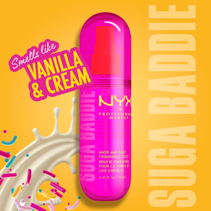 NYX PROFESSIONAL MAKEUP Fat Oil Fragrance Mist Perfume, Suga Baddie Vanilla & Whipped Cream Scent, Long Lasting Hair & Body Spray with Musk, Vegan & Cruelty Free, Large 5.4 fl oz