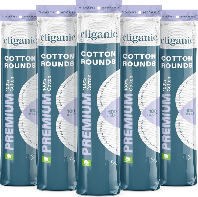 Cliganic Premium Cotton Rounds - Hypoallergenic Makeup Remover Pads | 500 Count, Lint-Free, 100% Pure Cotton