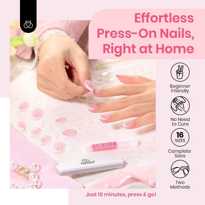 Beetles Press On Nails Almond Medium: 60pcs French Tip Press On Nails in 16 Sizes, White French Tips Pink Fake Nails with Nail Glue, Quick & Easy Nail Salon Manicure Gift for Women Her
