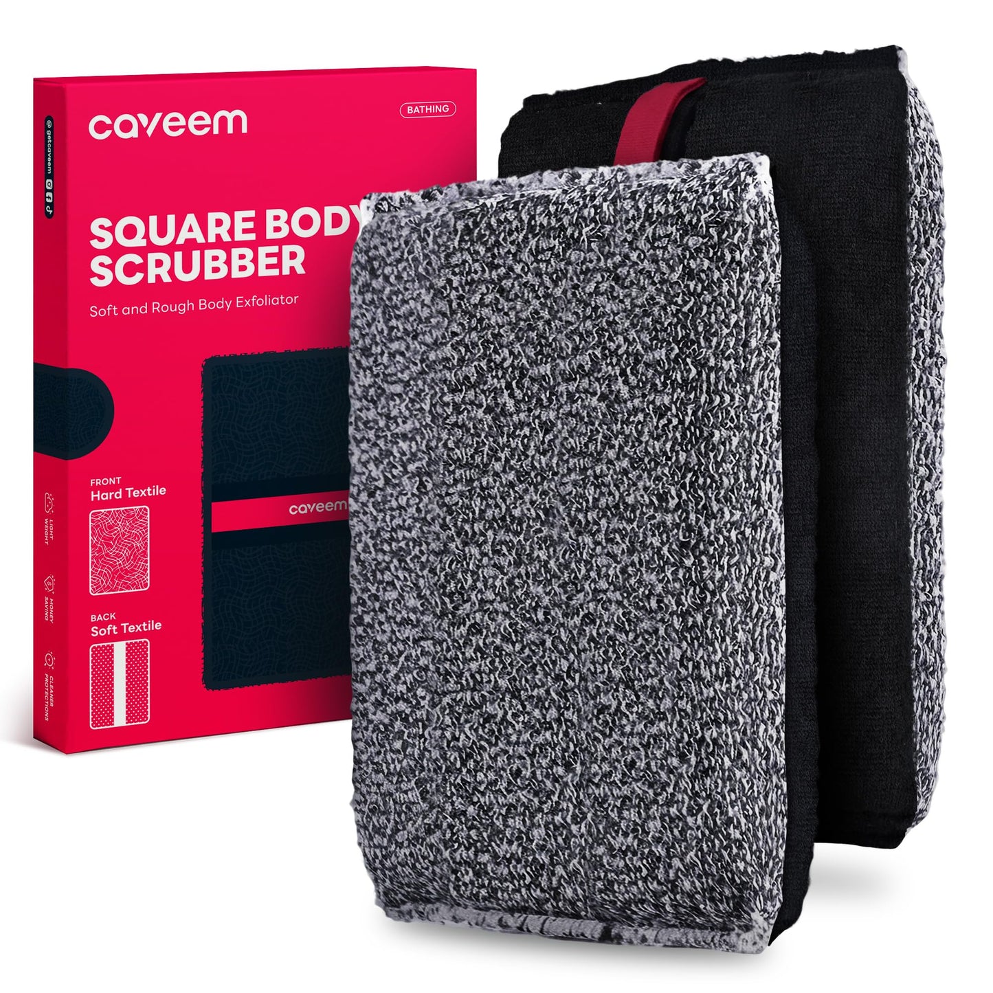 Caveem Exfoliating Body Scrubber, Large Bath and Body Scrub Buffer, Dual Texture Body Exfoliator for Remove Dead Skin, Soft and Rough Lightweight Square Sponge for Shower (2 Pack)