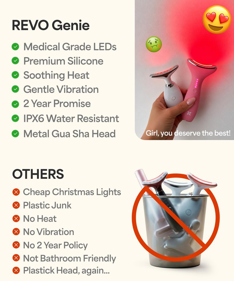 REVO Genie Facial Massager for Face and Neck, LED Beauty Device with Heat and Vibration, Depuffing Sculpting Tool with Red Blue Green Light Modes for Skincare Routine