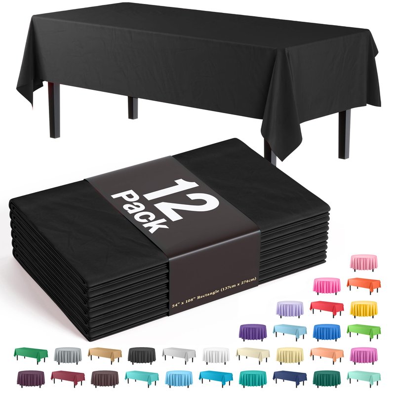 Black Plastic Tablecloth 12 Pack 54" x 108" Disposable Rectangle Table Cover for 6 to 8 Foot, Waterproof & Sturdy, for Party, Wedding, Birthday, Picnic, Indoor Outdoor - Exquisite, Black
