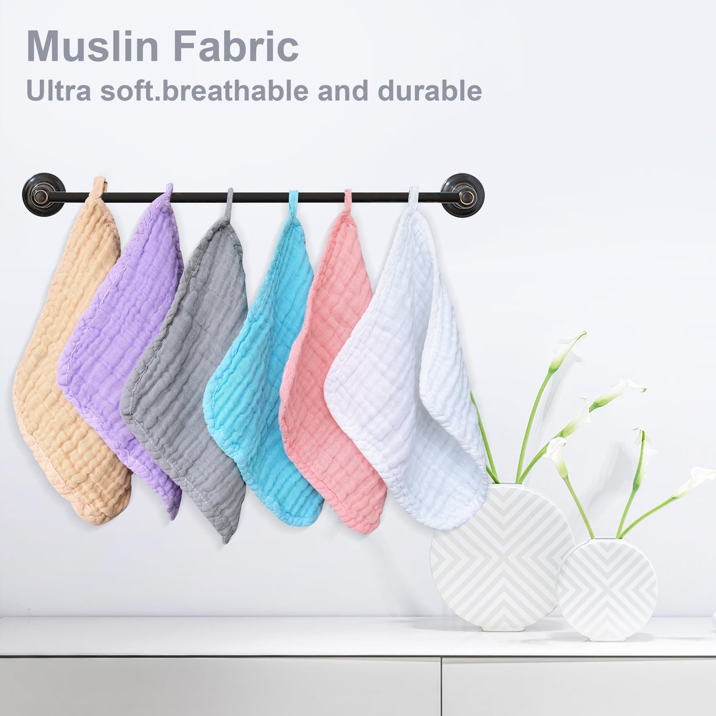SWEET DOLPHIN 12 Pack Baby Muslin Washcloths - Soft Face Cloths for Newborn, Absorbent Bath Wash Cloths, Wipes, Burp Rag - Toddlers Essentials Stuff, Baby Registry as Shower -10"x10", Multicolor