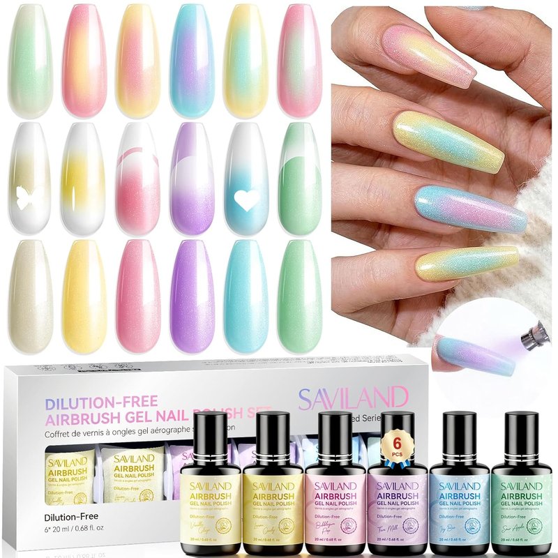 SAVILAND Shimmer Airbrush Gel Nail Polish - Hema & Acetone Free 20ml | Opal Symphony Pastel Collection, 6 Colors for Ombre & French Nail Art