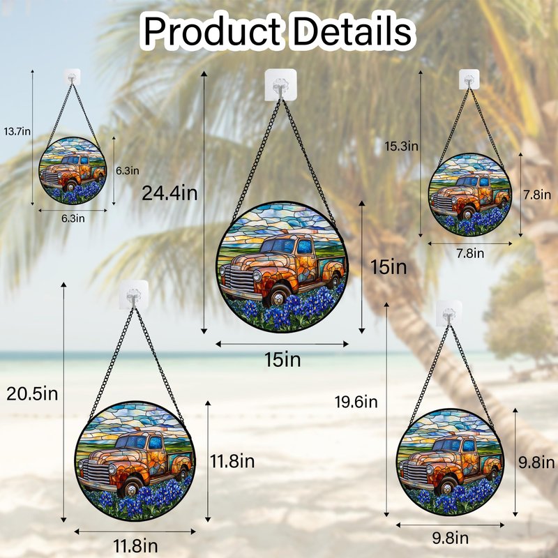 QZQCBLC Stained Glass Window Hanging Retro Truck Blue Flower View 6.3" - Suncatcher Door Garden Kitchen Sun Catcher Home Decor Birthday Christmas for Mom Woman Wife Men Nana