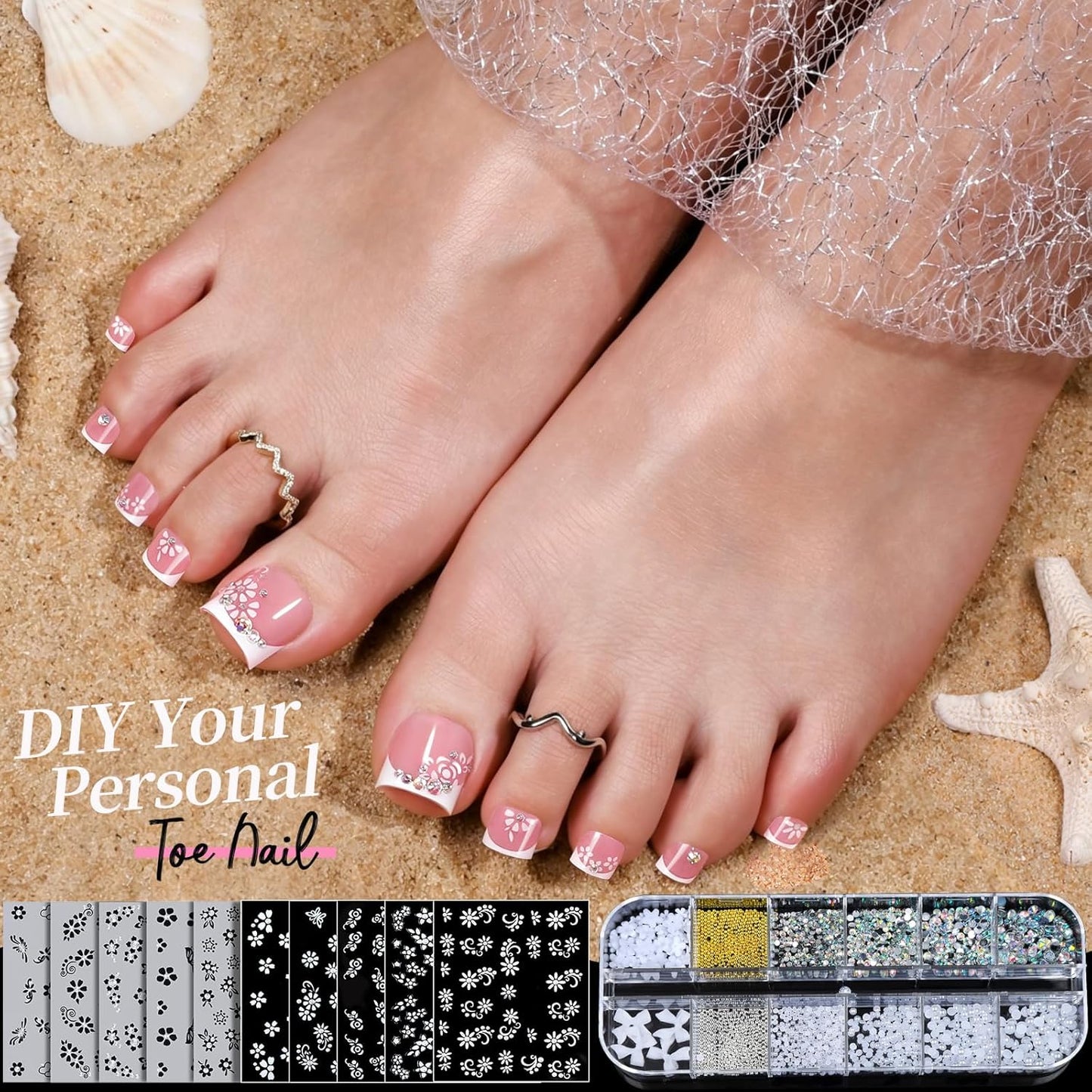 Square Toe Press-On Toenails - 150pcs French Tip Fake Nails with Glue | 15 Sizes & DIY Nail Charms
