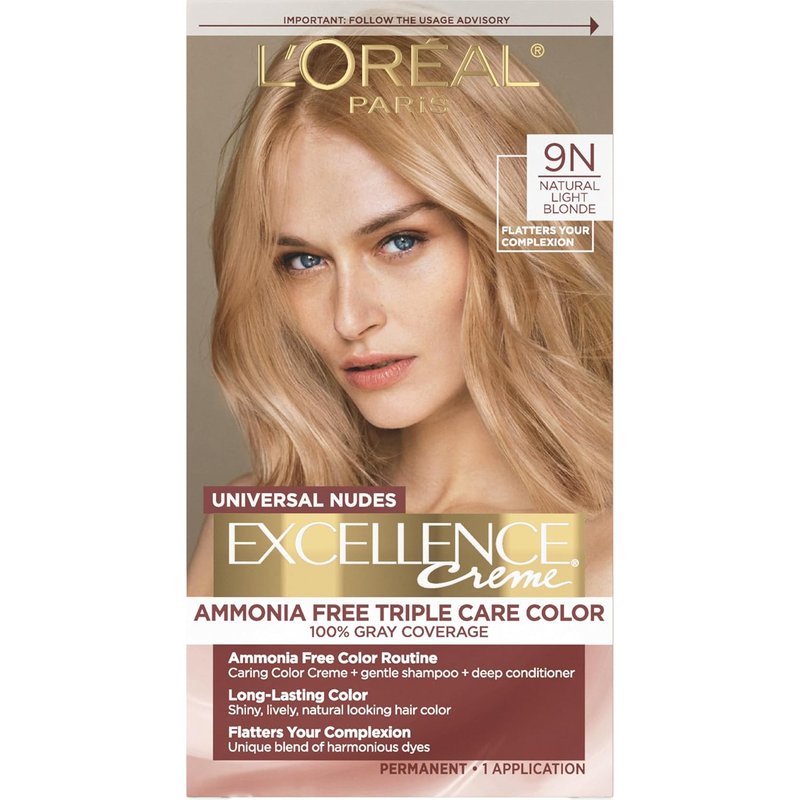 L'Oreal Paris Hair Color - Excellence Universal Nudes, Ammonia-Free Gray Coverage, 9N Natural Light Blonde, 1 Kit