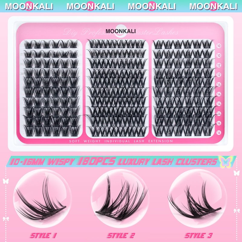 MOONKALI Natural Lash Clusters Wispy Eyelash Clusters 3 Styles Mix Natural Cluster Eyelash Extensions D Curly Soft Individual Lashes 10-16mm Mix Length Natural Look Lashes Clusters with Thin Lash Band