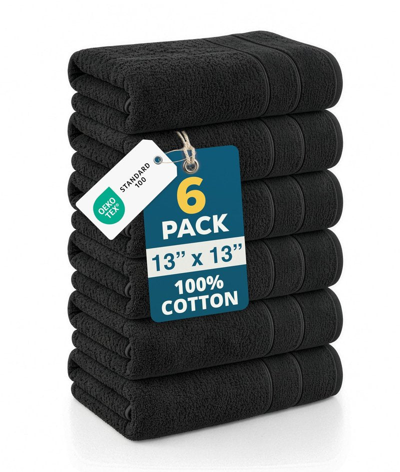 Casa Platino Washcloths 6 Pack - 100% Ringspun Cotton Washcloths - 13"x13"- Soft Textured, Well Stitched, Lightweight Towel - Absorbent & Durable - Perfect for Daily use - Black Wash Cloths