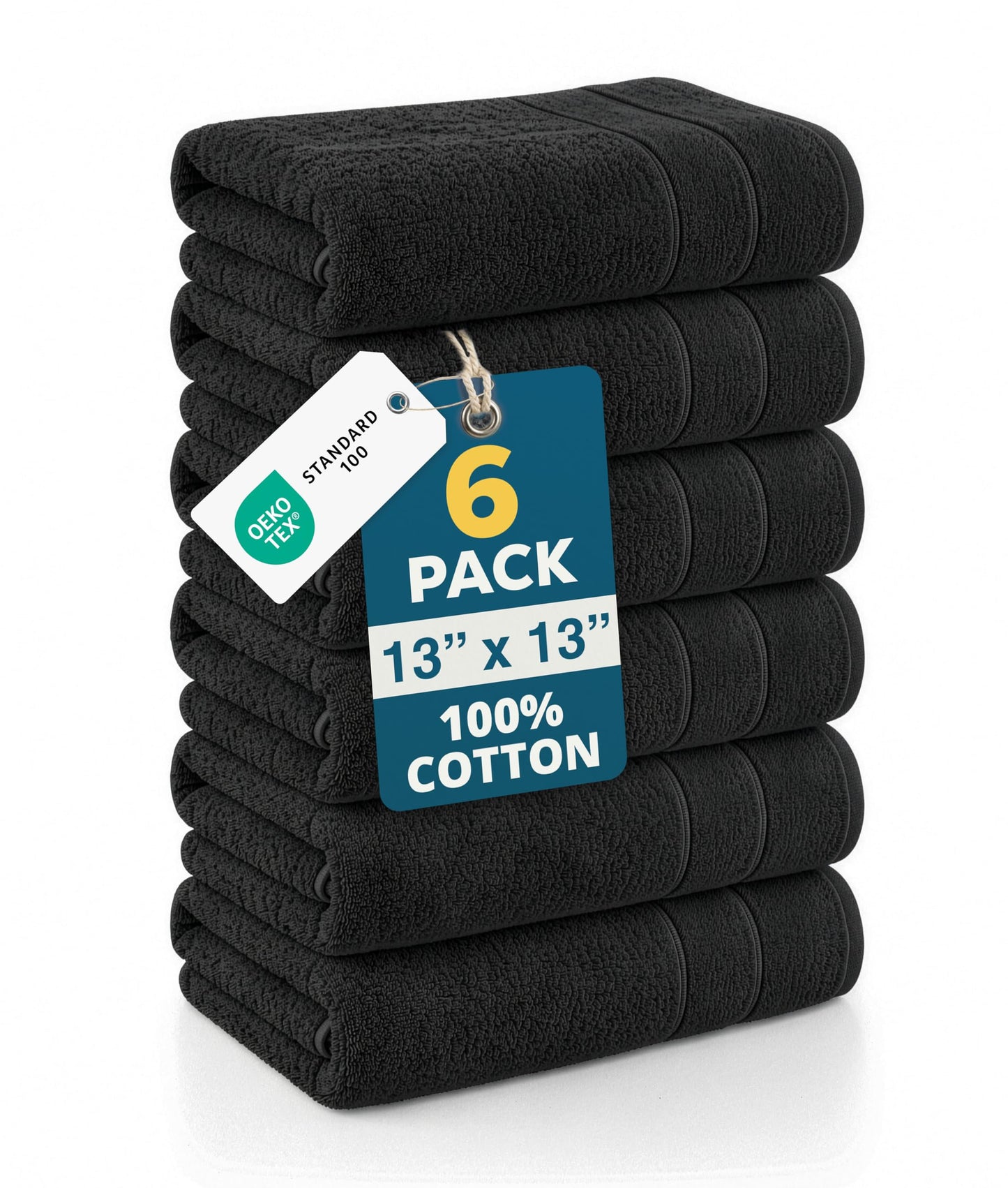 Casa Platino Washcloths 6 Pack - 100% Ringspun Cotton Washcloths - 13"x13"- Soft Textured, Well Stitched, Lightweight Towel - Absorbent & Durable - Perfect for Daily use - Black Wash Cloths