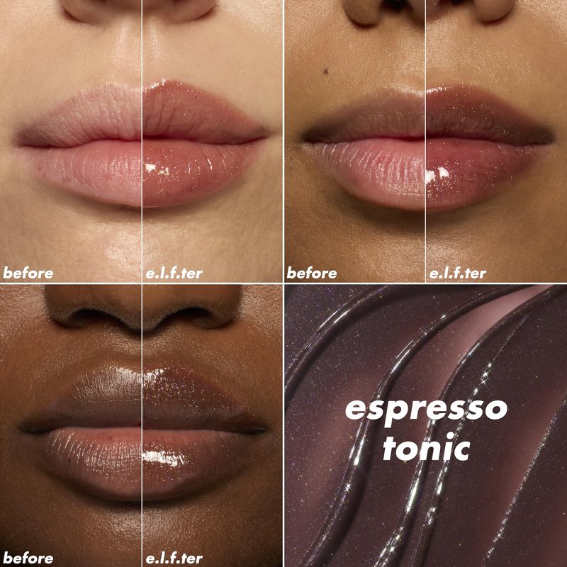 e.l.f. Glow Reviver Plumping Lip Oil, Tinted Lip Plumper For A High-Shine, Plump Finish, Infused With Jojoba Oil, Vegan & Cruelty-Free, Espresso Tonic