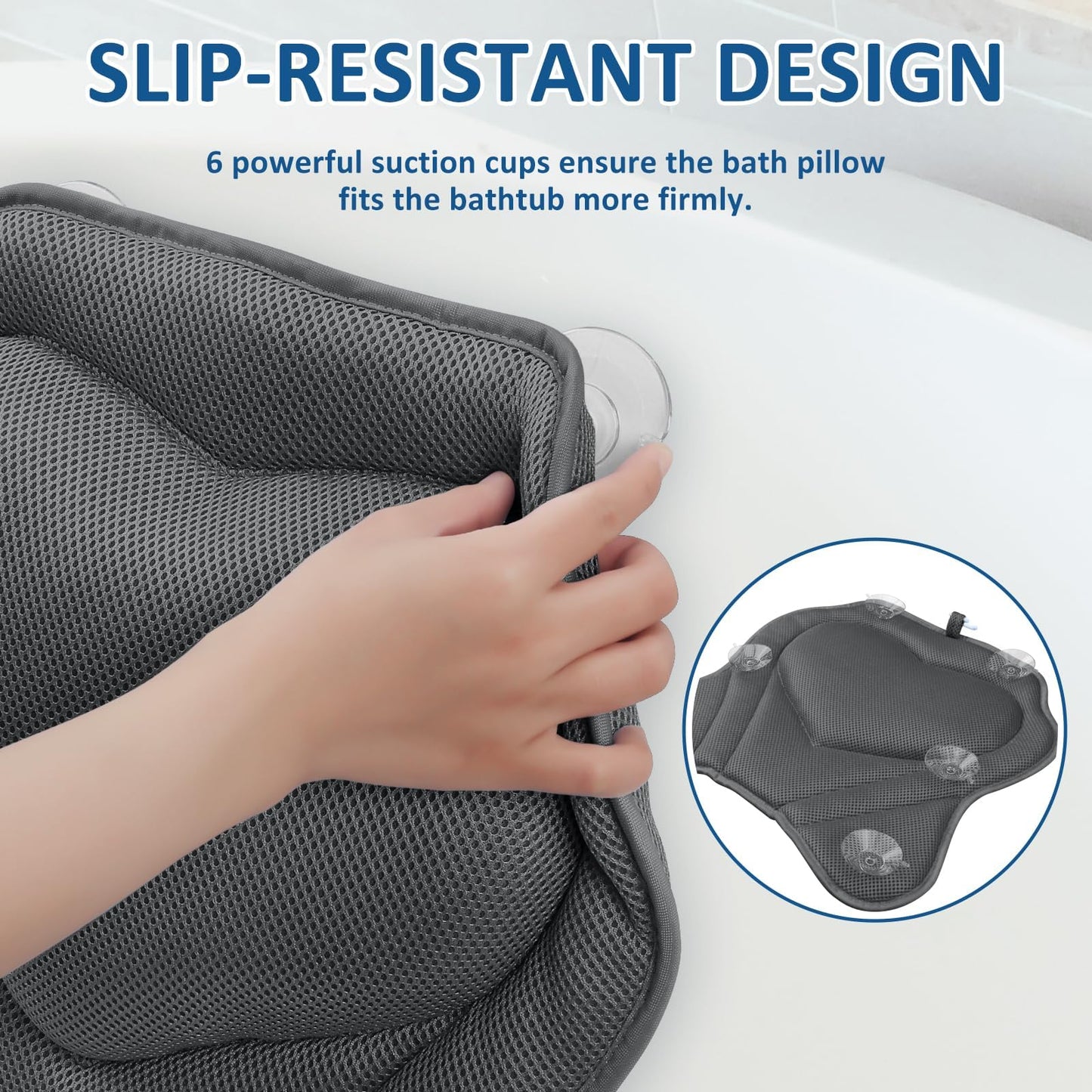 LuxStep Bath Pillow-Bathtub Pillow with Air Mesh Fabric & 6 Non-Slip Suction Cups, Bath Pillows for Tub Head, Neck and Back Support, Bath Accessories Spa Gifts, Grey