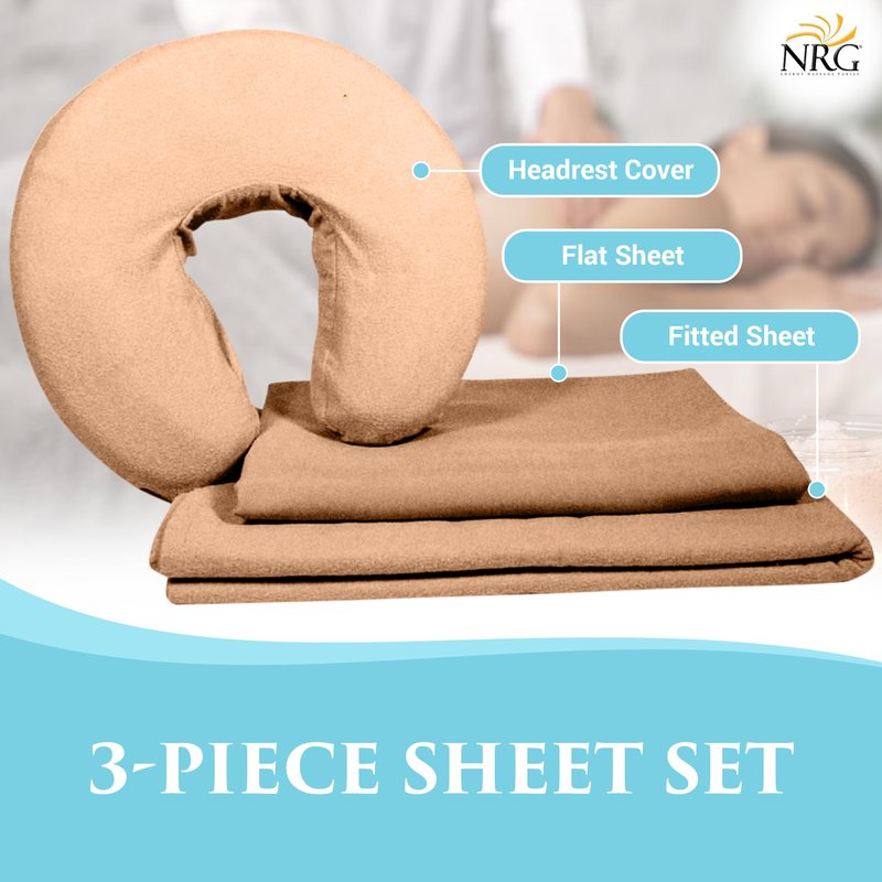 NRG Cotton Poly Massage Table Sheet Set 3 Piece Set - Face Cradle Cover, Flat Sheet and Fitted Sheet - 175 Thread Count - Soft, Durable 50/50 Cotton Poly Blend - Color: Java