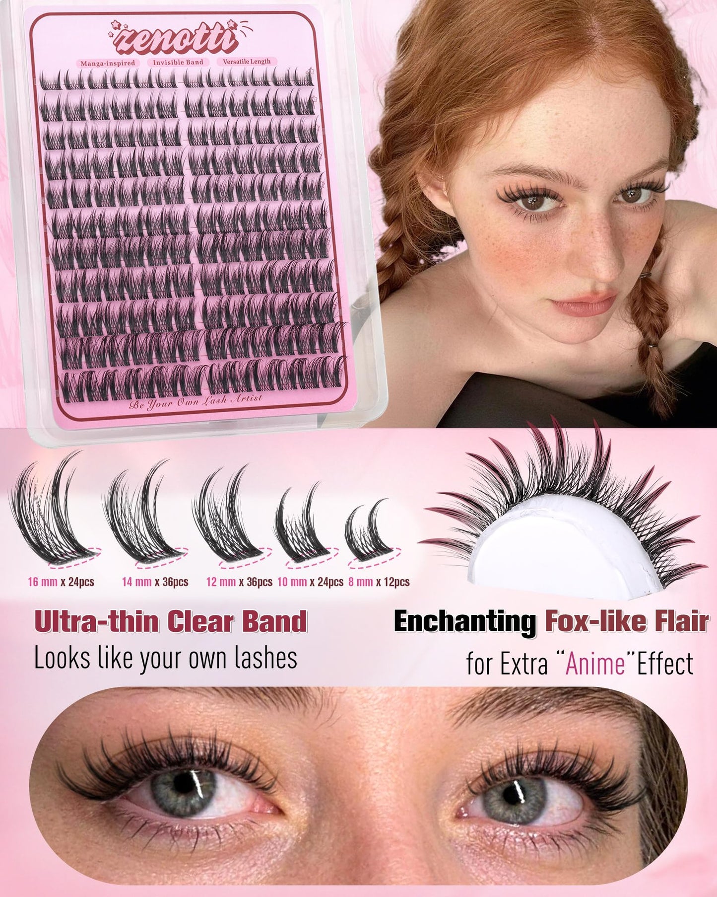 Wispy Lash Clusters Natural Manga Eyelash Clusters Fairy Spiky Individual Lashes Anime Cluster Eyelash Extensions 8-16MM 132PCS Invisible Band Eyelash Extensions by zenotti