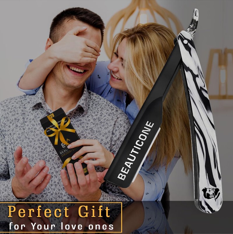 BEAUTICONE® Straight Razors for Men – Professional Barber Straight Edge Razor Kit with Replaceable Single Edge Blades - Navajas Para Barbero - Pouch Gift Box 1.2 mm Exposed for Close Shave Ultra Light