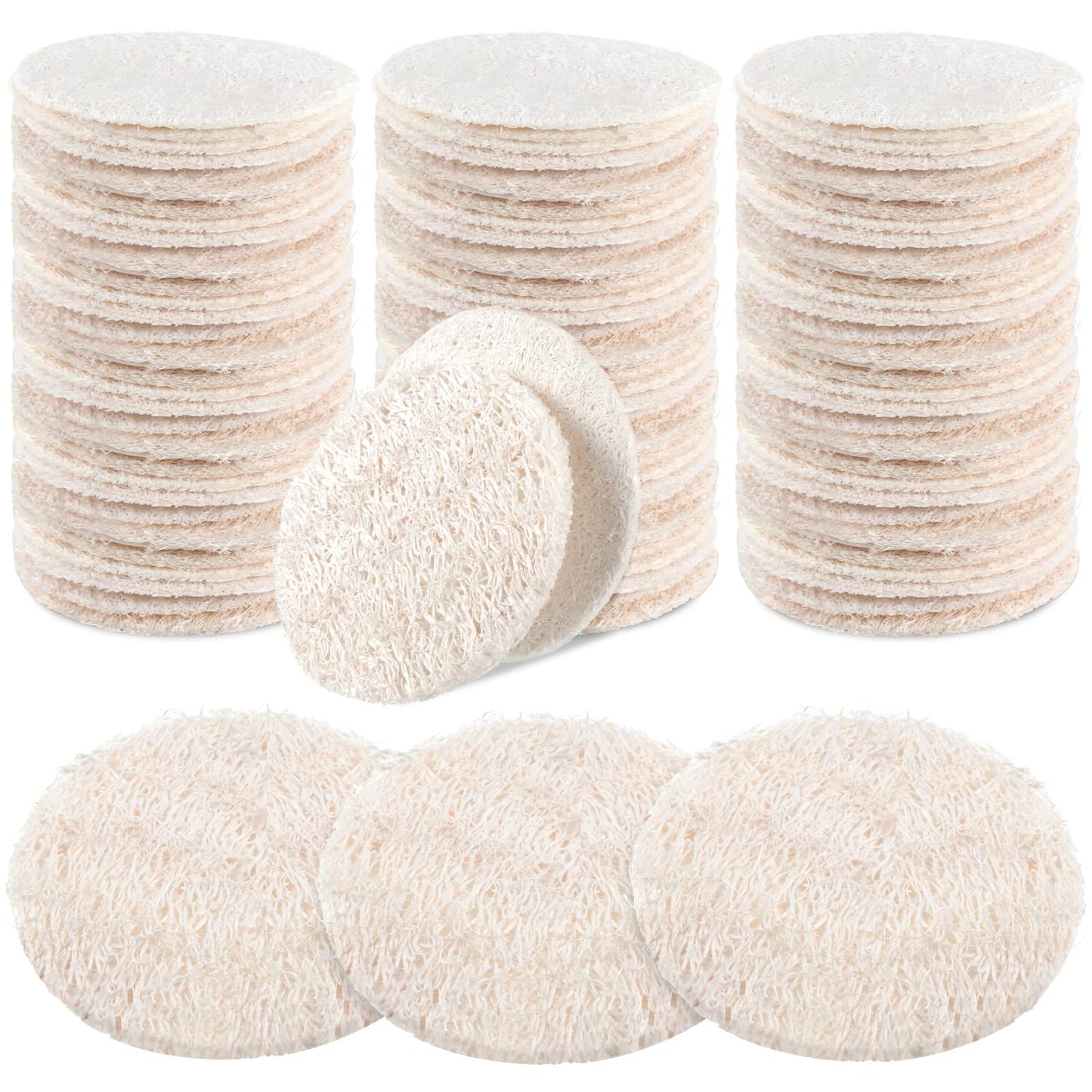 Bokon 100 Pcs Natural Loofah Exfoliating Face Pads 2.36 Inch Round Facial Scrubber Sponges Bulk Cleansing Discs for Face Body Bath Shower Spa Dead Skin Removal for Women Men