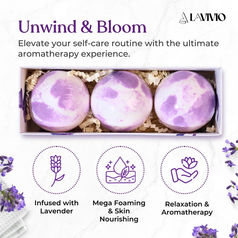 Lavivio Lavender Bath Bombs for Women - Lavendar Bath Bomb with Shea Butter & Essential Oils - Mega Foaming, Relaxing, Moisturizing, for Stress Relief & Dry Skin - 3 x 100g - Gift Set