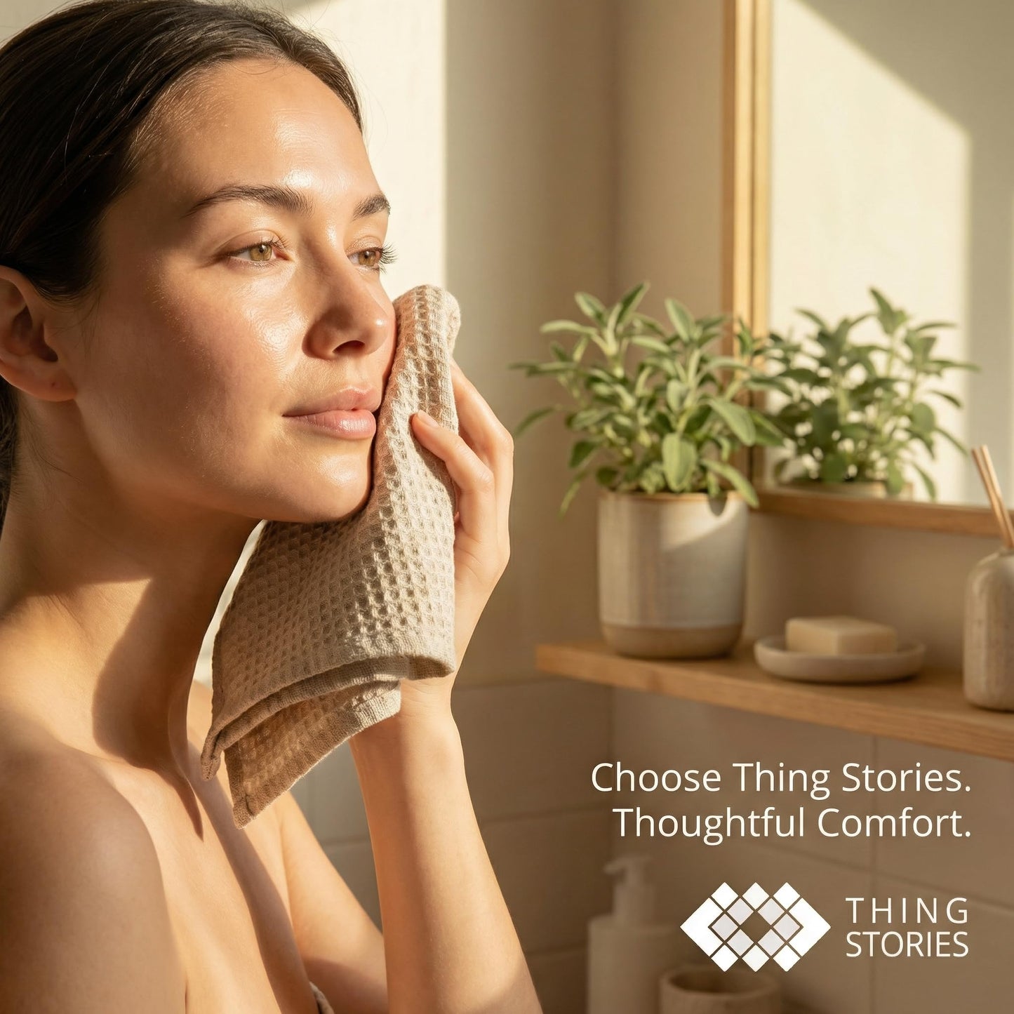 Thing Stories Flax Linen Washcloths for Bathroom - Waffle Washcloths 4-Pack 10x10 inch - Linen Face Cloths - Waffle Weave Cleaning Cloths with Loop - Exfoliating Face Towel for Women