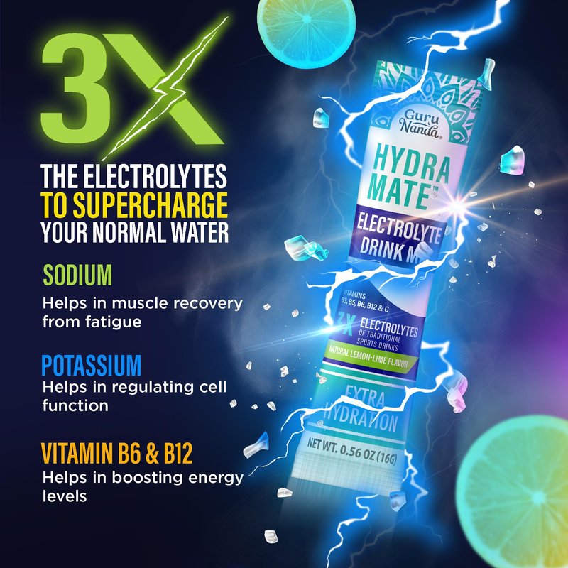 GuruNanda Hydramate Hydration Support Drink Mix - Electrolyte Powder Packets for Dehydration, Exercise & Energy - No Added Sweeteners, Non-GMO, Natural Lemon Lime Flavor - 48 Count (0.56 oz Each)
