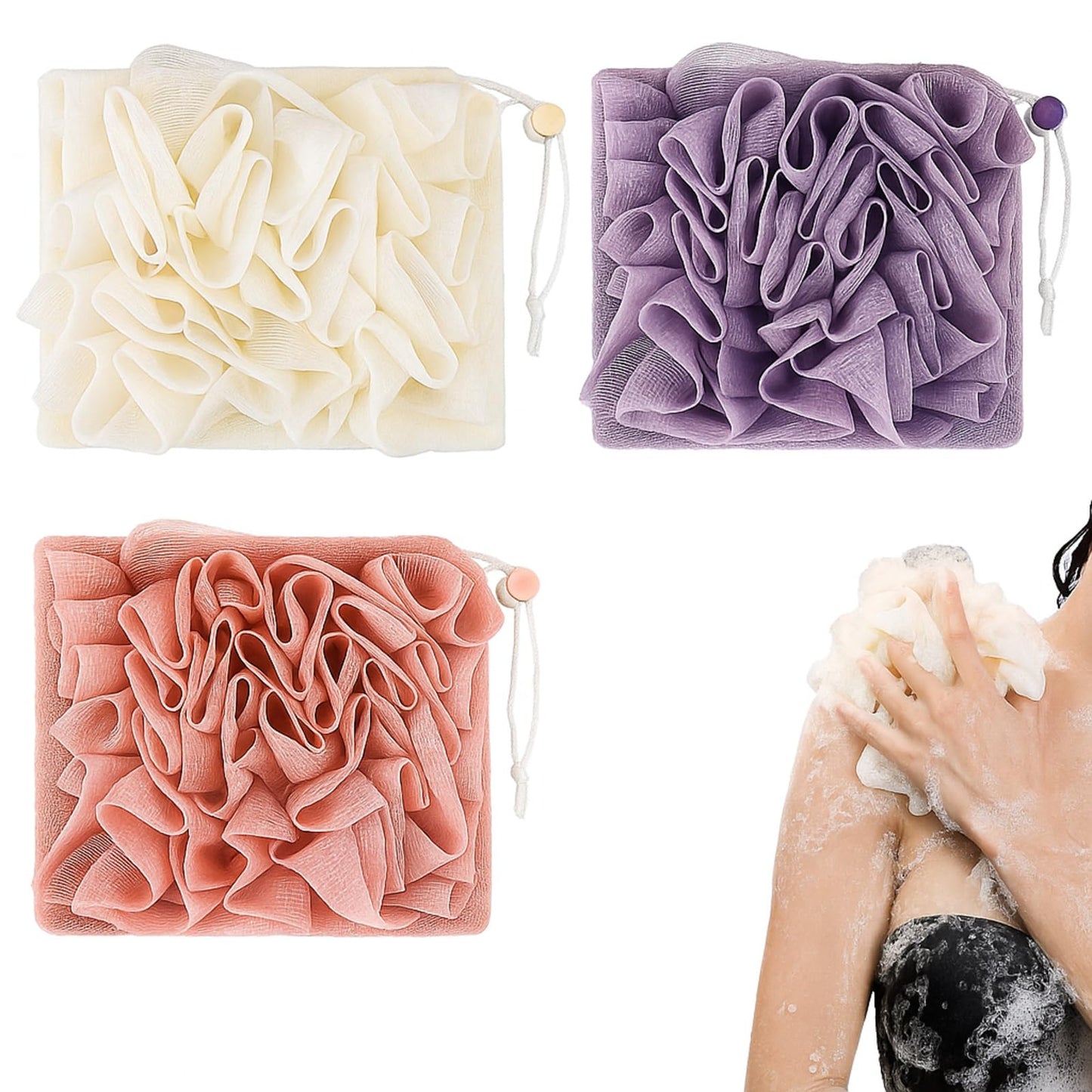 Swiffen 3 Pcs Washcloth Loofah Combo, 2 in 1 Bath Loofah Sponge with Drawstring, Exfoliation Mesh Shower Puff Ball for Body Wash Cleansing and Smooth Skin (Purple Pink Beige)