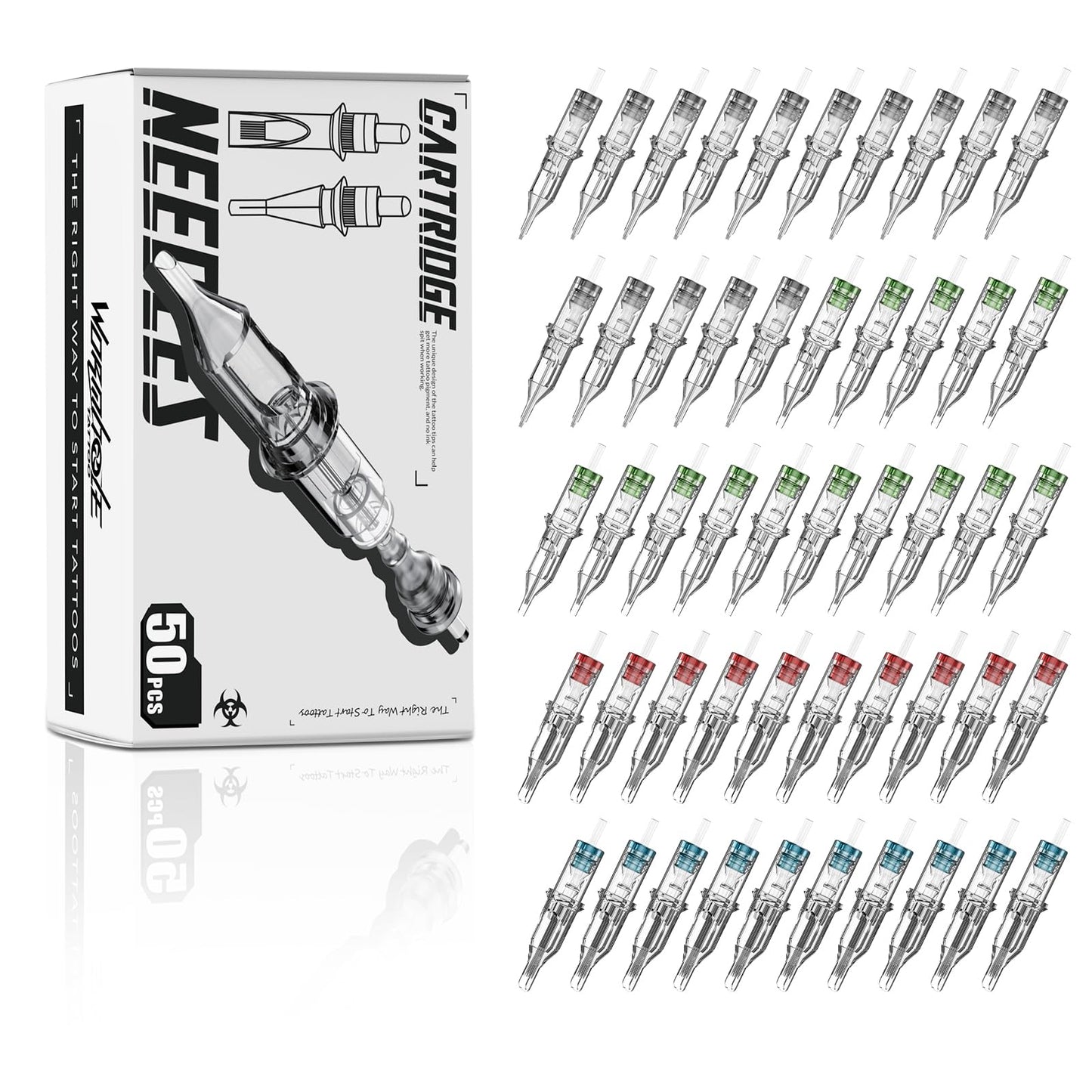 Wormhole Tattoo 50Pcs Tattoo Needles Long Taper Assorted Disposable Tattoo Cartridge Needles Mixed 5RL 7RL 9RL 5RS 7RS 9RS 15M1 21M1 15RM 21RM Round Liner Shader Magnum Round Magnum