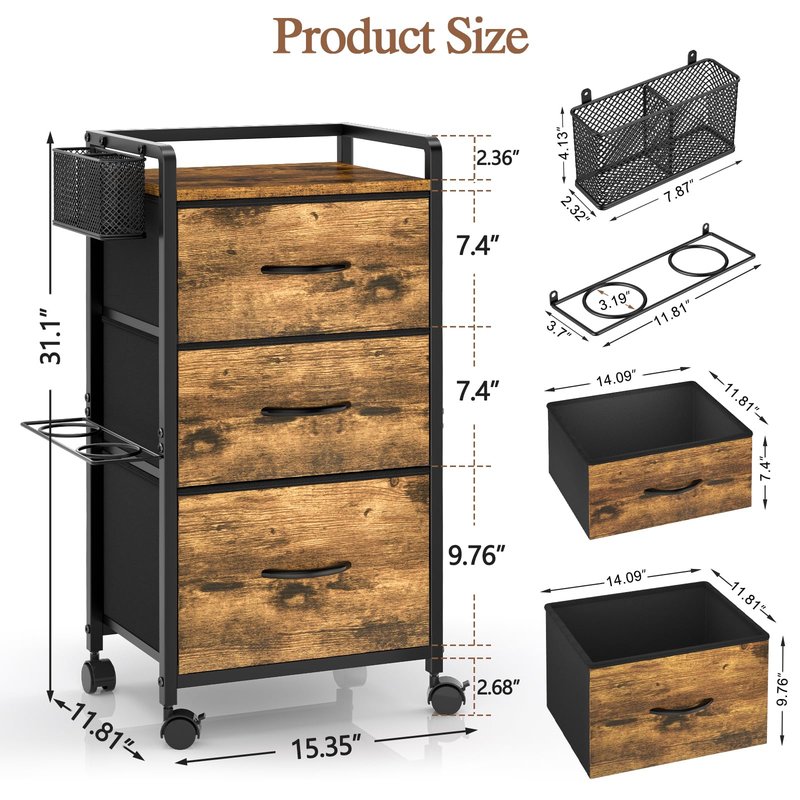 Salon Station for Hair Stylist, Rolling Salon Trolley Cart with Wheels, Beauty Barber Station with Metal Tool Holder & 3 Fabric Drawer, Mobile Storage Cabinet for Barbershop, Spa&Tattoo, Rustic Brown