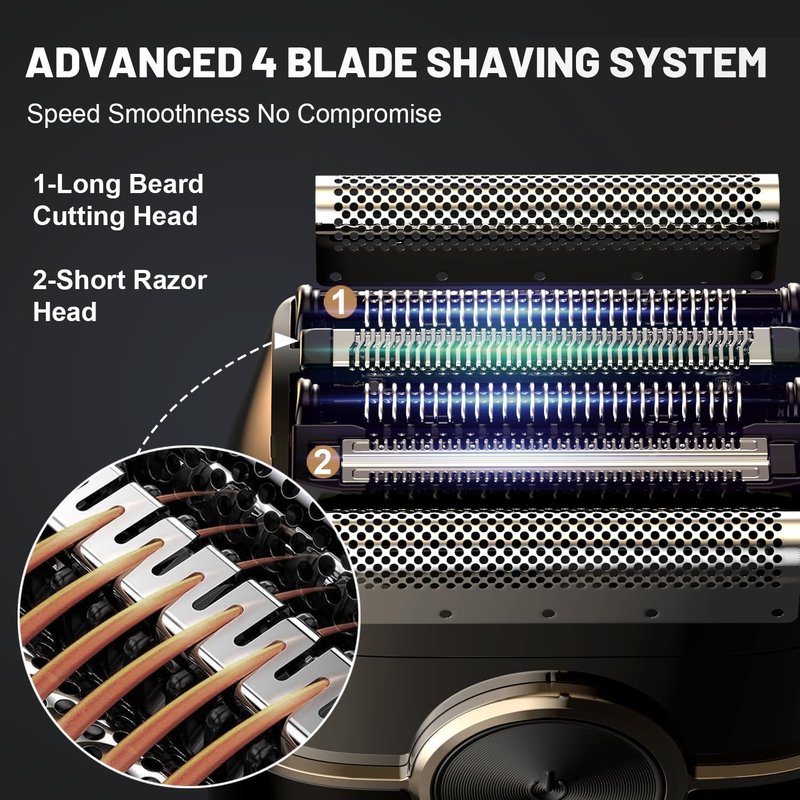 Rechargeable Electric Razor for Men - Mini Foil Shaver with 4 Floating Blades | Dual-Speed, LED Display, 120Min Runtime, IPX7 Waterproof