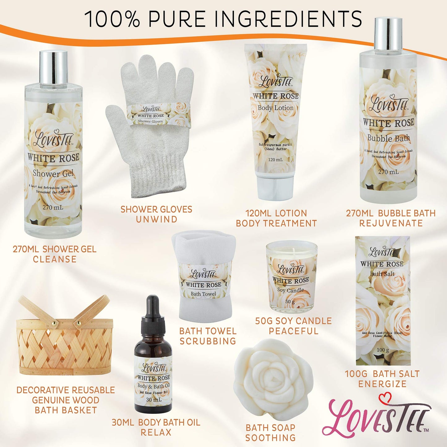 Christmas Gifts Bath & Body Spa Gift Basket for Women, Best Gift for Mother's Day & Birthday, White Rose Set Body Lotion, Shower Gel, Bubble Bath, Bath Salt, Towel, Soap, Oil, Candle, Gloves,