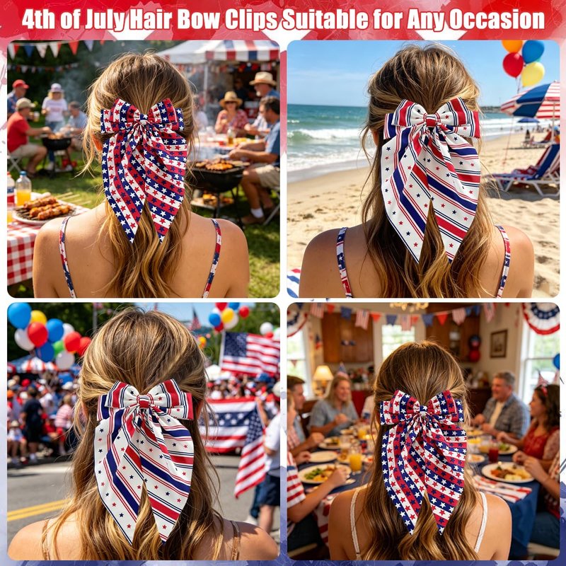 4th of July Hair Clips for Women 2 Pcs Red White Blue Star Stripes USA Flag Big Bows Oversized Long Tail Design with Non-Slip Alligator Clips Patriotic Independence Day Memorial Day Accessories Gifts