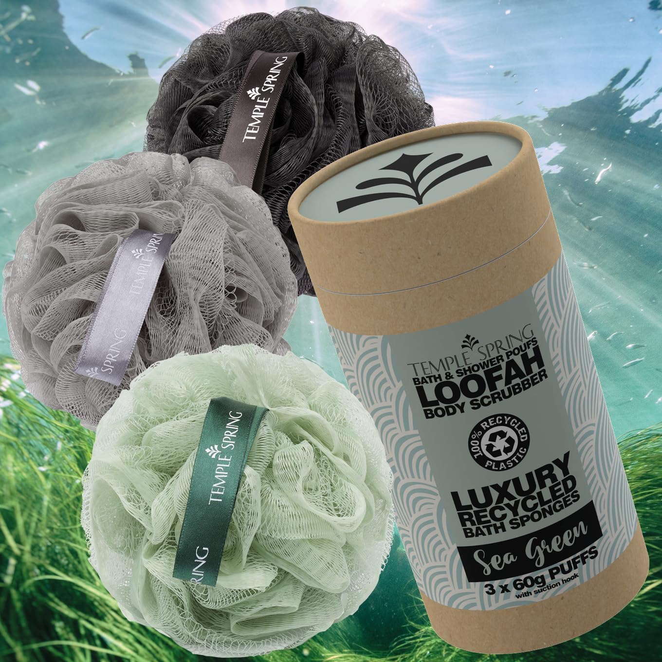 Temple Spring Soft Mesh Shower Loofah Sponge 3-Pack - Gentle Exfoliating Body Scrubber for Smooth Skin | 60g Each, Eco-Friendly with Suction Hook