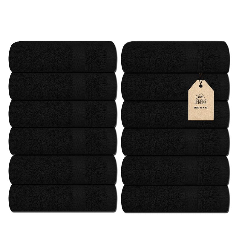 Lenenz Soft Wash Cloths - 12 Pack Plush and Absorbent Cotton Washcloths for Face, Body, and Baby - Multi-Purpose, Quick-Dry Wash Cloths Set 13x13'' (Black)