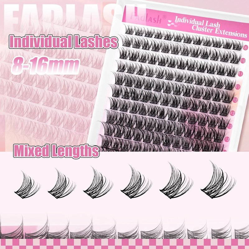 FADLASH Wispy Eyelash Cluster Extensions - D Curl, 8-16mm, 168 Pcs, Soft & Reusable Natural Lashes