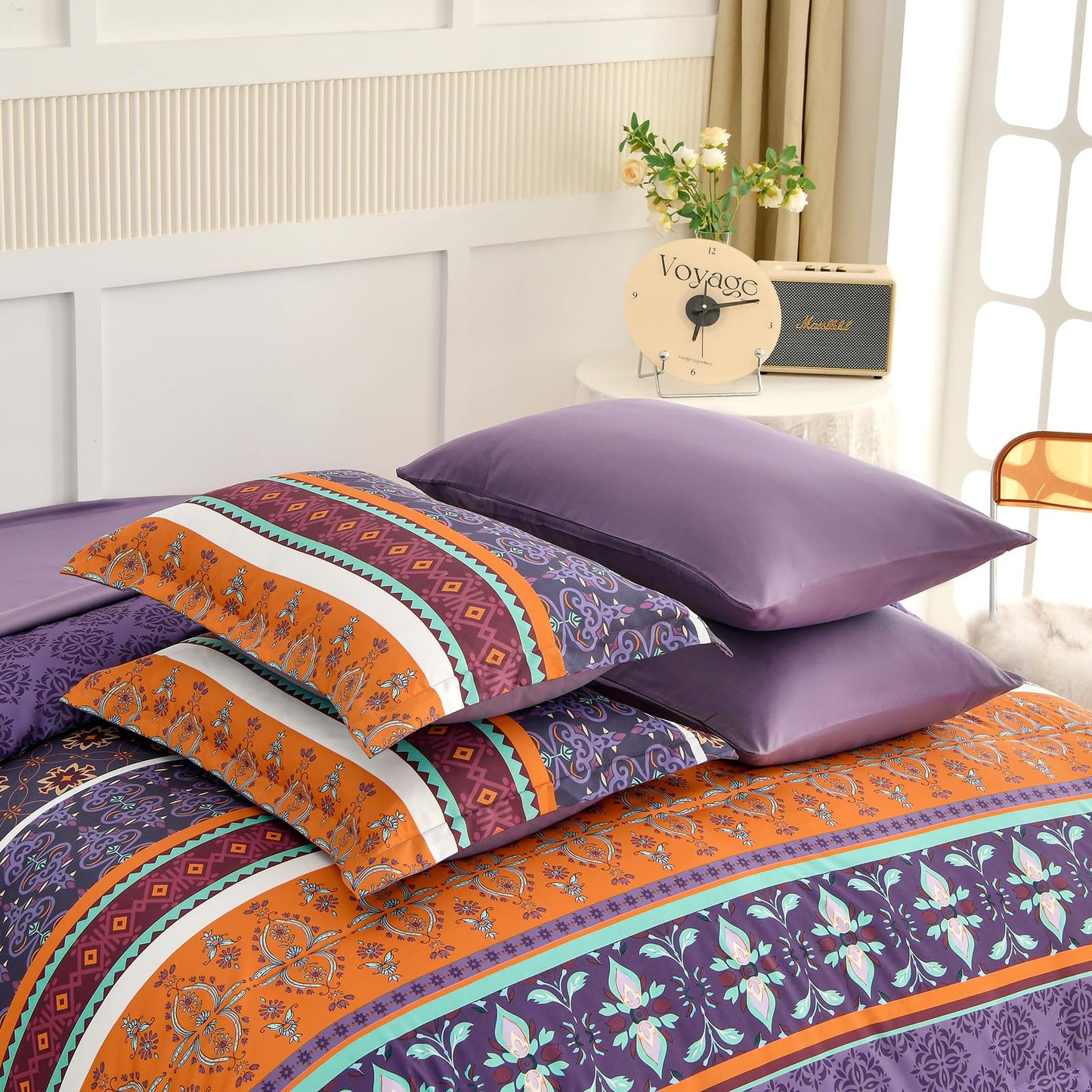 WONGS BEDDING Boho Comforter Set King Size,7 Pieces Bohemian Striped Bedding Comforter Set Bed in a Bag,Purple Paisley Floral Comfortet and Sheet Set,Soft Microfiber Bedding Sets for All Season