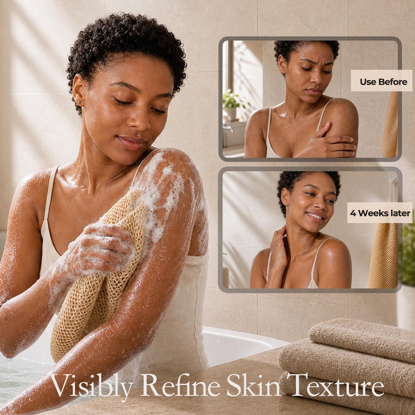 Tonater Body Scrubber 2 Pack, Authentic African Exfoliating Net Sponge Bath Shower Loofah, Up to 47.2" Stretched Nylon Scrubber for Sensitive Skin, Travel Portable Spa Gifts-Light Beige + Dark Brown