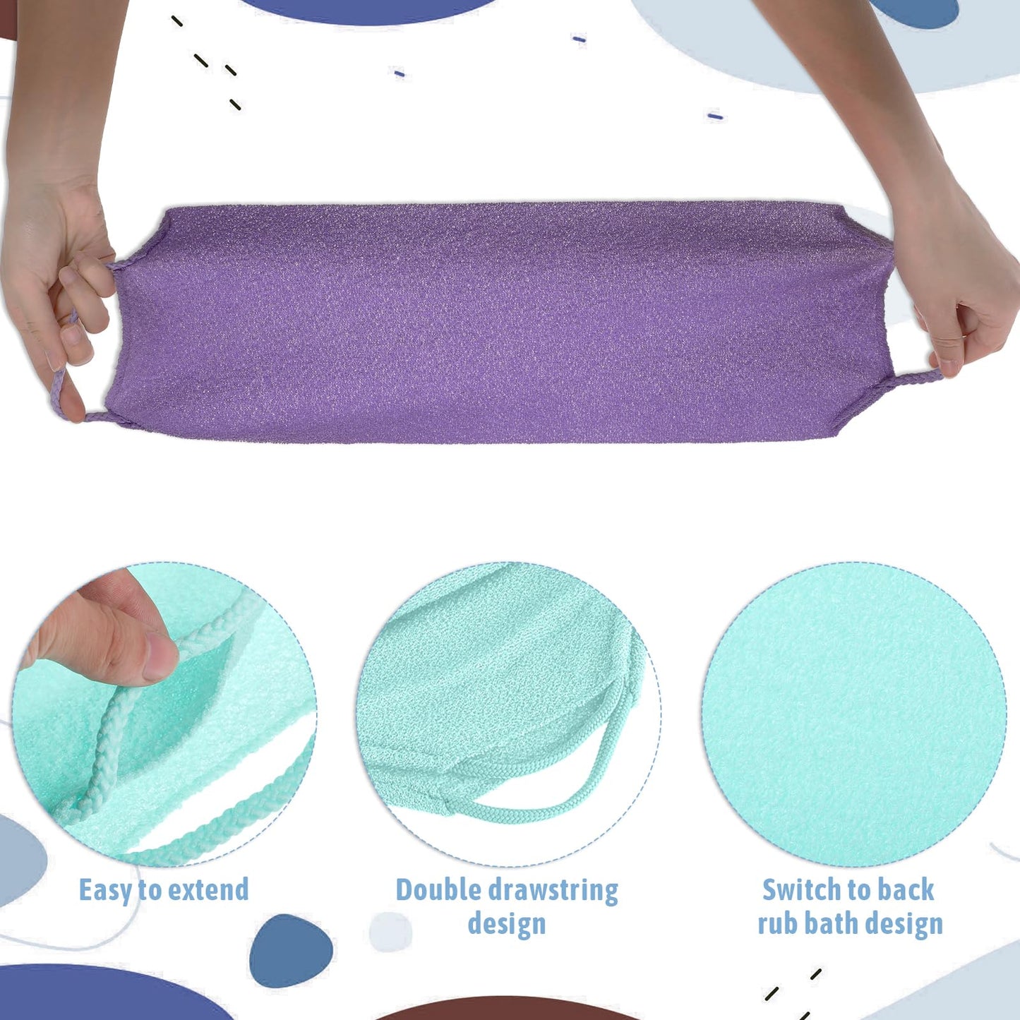 4pcs Exfoliating Back Washers Scrub with Handles Japanese Body Scrubber Cloth Towel for Shower Nylon Back Exfoliator Extended Washers Stretchable Body Bath Pull Strap for Cleans Skin Massages