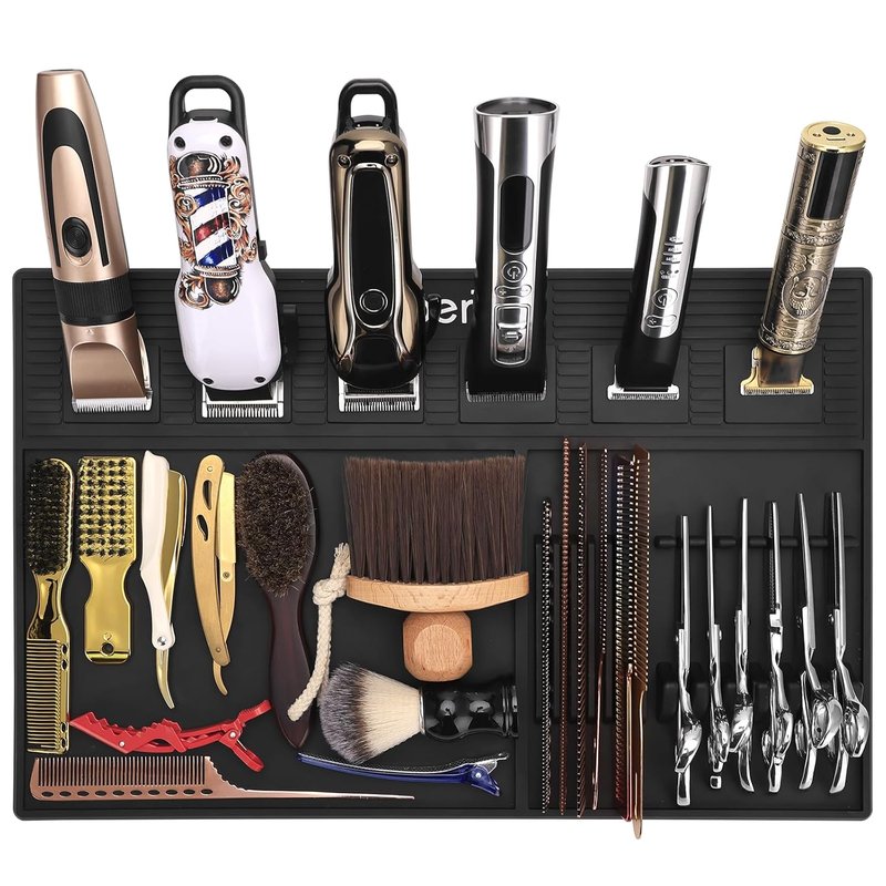 Magnetic Barber Mat for Clippers - Anti-Slip Heat Resistant Organizer with 6 Magnets | 19.29"x12.6" Grooming Station Pad