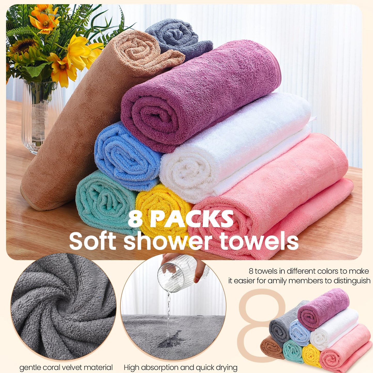 Peryiter 8 Pcs Microfiber Bath Towel Set 28 x 55 Inches Microfiber Towels Absorbent Soft Quick Dry Bathroom Towel Bulk for Adults Dorm Spa Gym Beach Pool Hotel(Multi Colors)