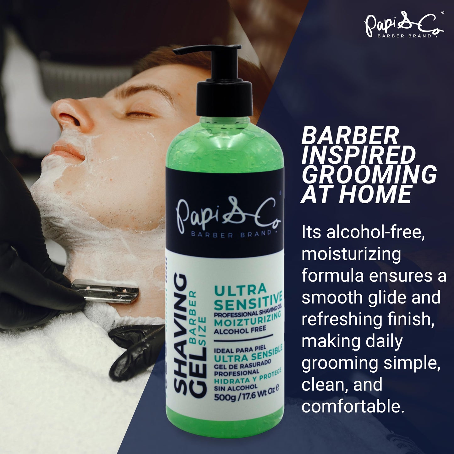 Papi&Co Shaving Gel for Ultra Sensitive Skin - Gentle, Alcohol-free, Moisturizing and Protecting Face Shave Gel for Men 17.6 Oz