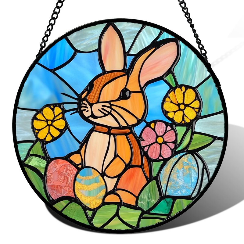 QZQCBLC Stained Glass Window Hanging Rabbit Easter Egg 6.3" - Bunny Suncatcher Door Garden Sun Catcher Home Decor Birthday Christmas for Mom Men Woman Wife Friend Nana