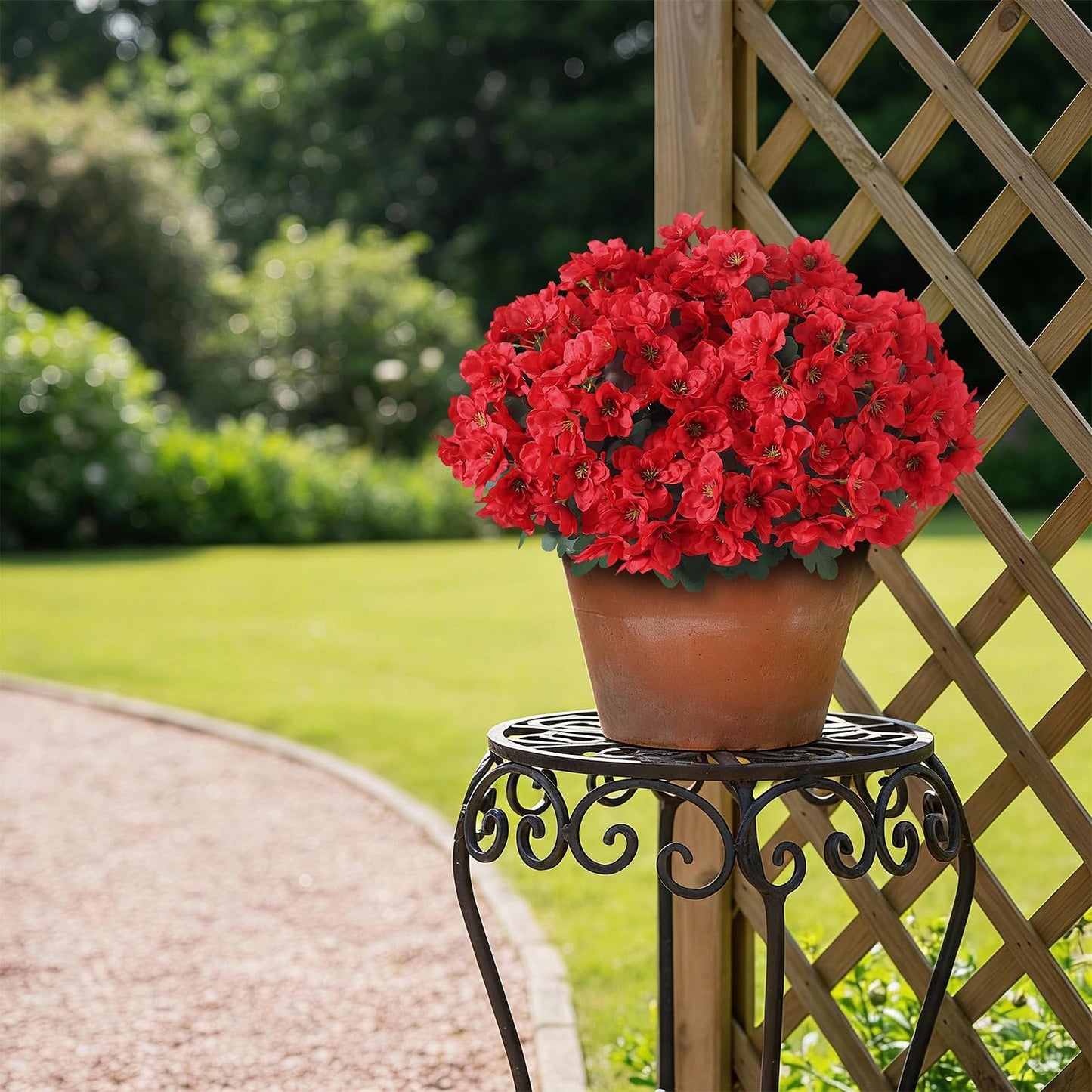 YXZZWL Set of 2 Artificial Azalea Flower Topiary Trees - Fake Silk Flower Potted Plants, Sun-Resistant Faux Outdoor Azalea Bushes for Front Door, Garden, Yard, Farmhouse Decor (Red)