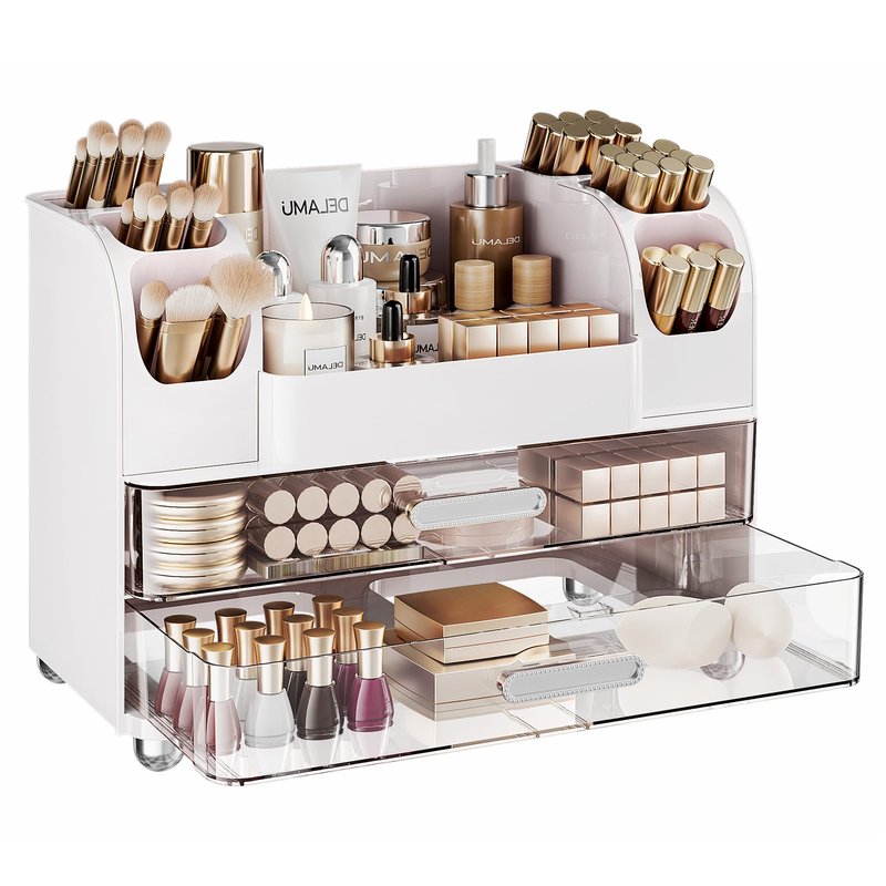 Delamu Large Makeup Organizer Countertop with 6 Brush Holders, Makeup Organizers for Vanity with 2 Large Drawers, Easy to Store Skincare, Lipsticks, Nail Polishes, Perfumes, Eyeshadow Palettes, White