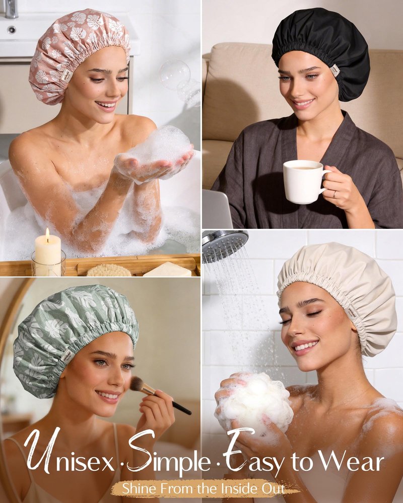 Yanibest Satin Lined Shower Cap for Women Reusable Waterproof, Frizz Free & Large Bath Cap with Soft Elastic Band, Luxury Hair Protection Caps (Pink Leaves)