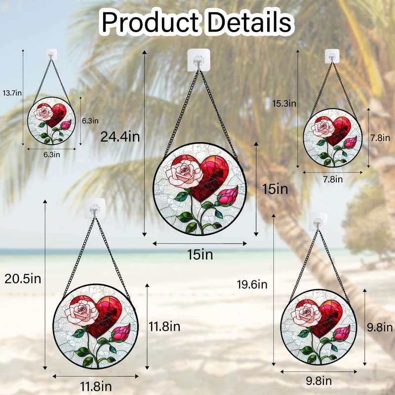QZQCBLC Stained Glass Window Hanging Red Heart Pink Rose Flower 7.8" - Suncatcher Door Garden Sun Catcher Decor Birthday Anniversary Valentines Day Gifts for Woman Wife Men Her Him Lovers Mom