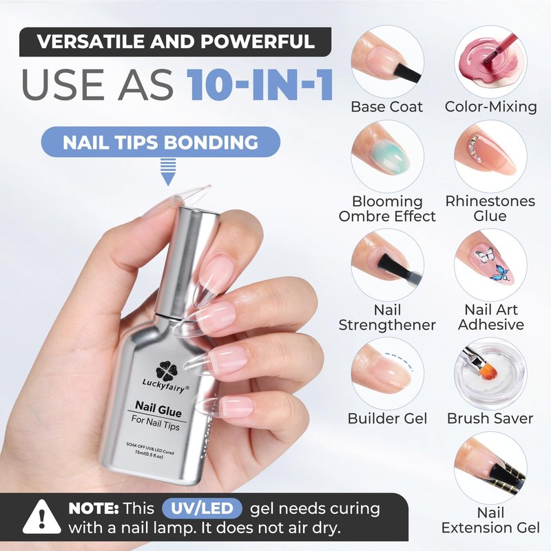 Luckyfairy Gel Nail Glue for Nail Tips: 15ml U V Nail Gel Glue Super Strong Long Lasting for Clear Acrylic Press on False Nails, No Peel Off & Bubble Free Formula, Not for Press-on