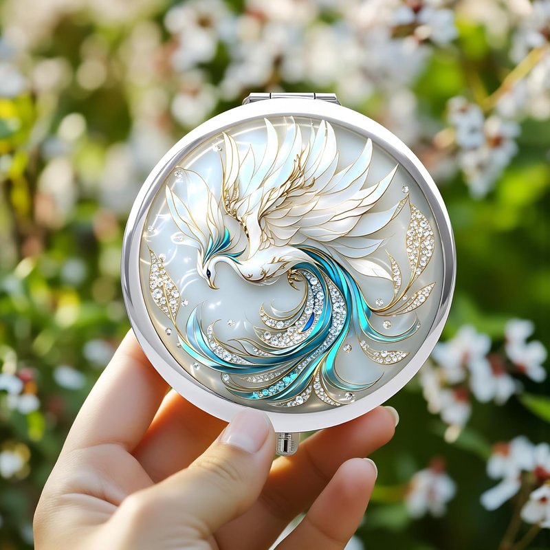 Double-Sided Compact Mirror - 2.8x2.8 Inch Folding Makeup Mirror with Elegant White Phoenix Design | Perfect Gift for Women