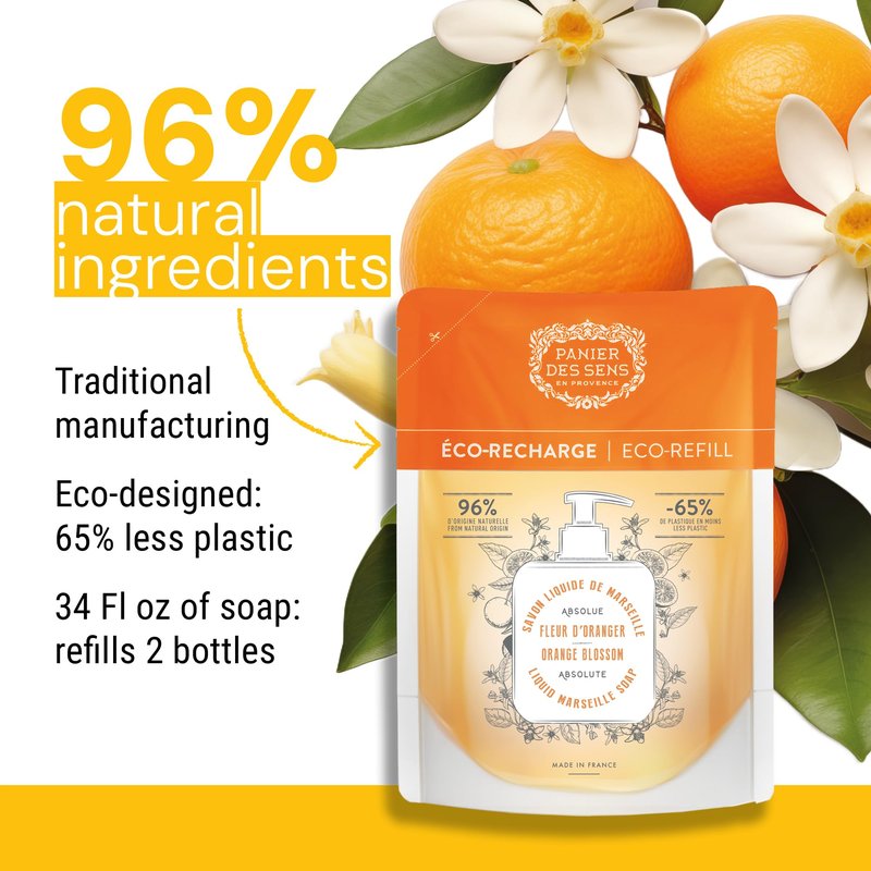 Panier des Sens Hand Soap Refill – Eco Value Pack, 8 Scents Available – Savon de Marseille Liquid Soap Refills – Hand Wash for Bathroom & Kitchen – Orange Blossom, 97% Natural, 2x16.9 Fl Oz